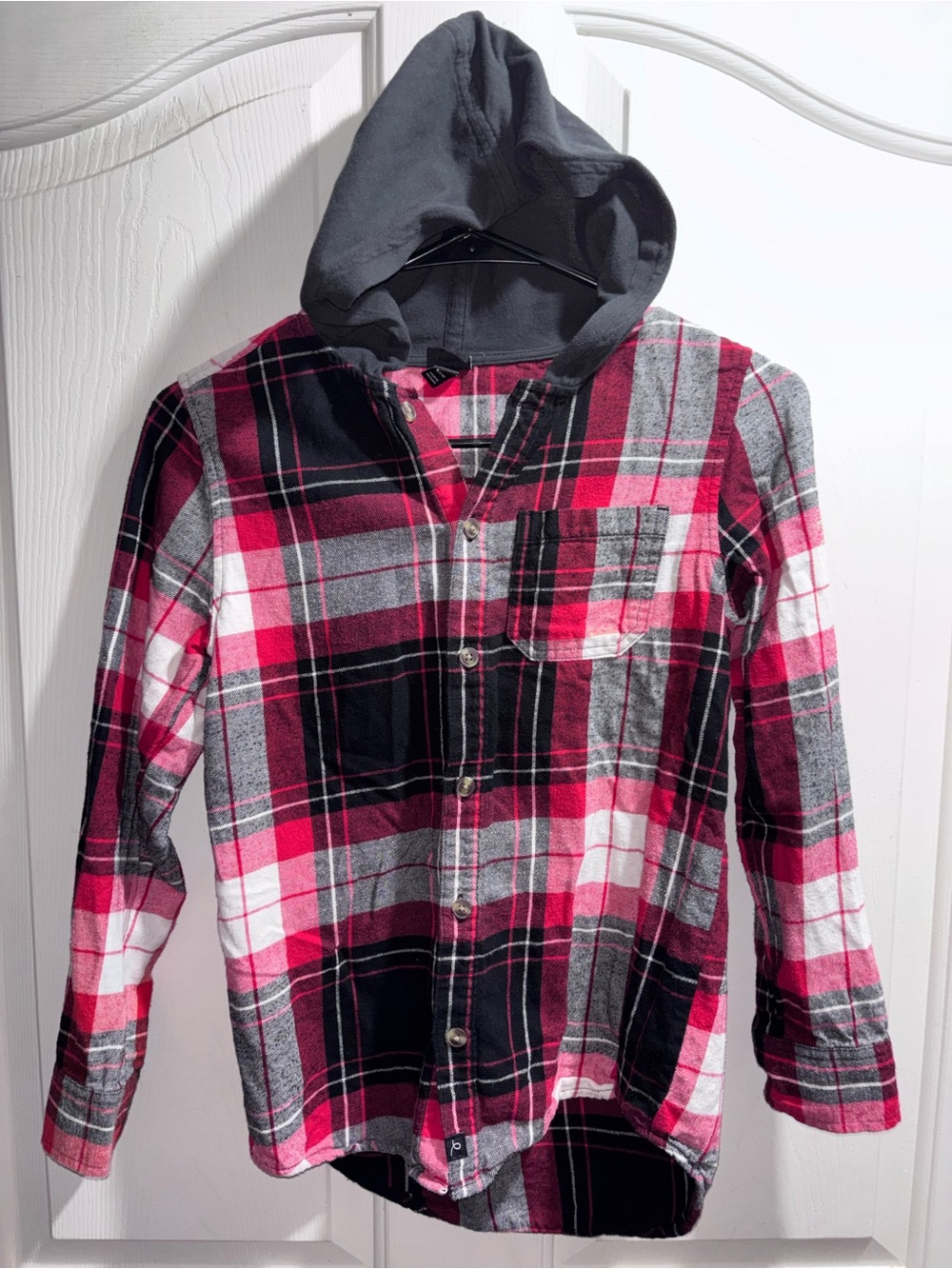 art class | Black Gray Red Hooded Flannel Shirt Boys Size Medium 8/10